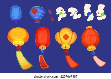 Lantern and bunny elements set. Illustration of blue, yellow and yellow lanterns and little bunny wearing tops