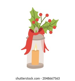 Lantern with burning candle decorated with leaves of holly and berries. Vector illustration isolated on white.   Great for Christmas cards.