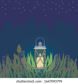 Lantern burning with a candle in the grass dark blue night forest sky with stars vector illustration.