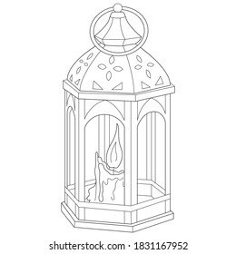 Lantern with burning candles, holiday spirit. Coloring page, black and white, line art print and color.