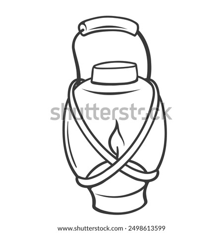 Lantern of camp line icon. Hand drawn retro kerosene and oil lamp with burning wick and holder, portable glass lantern with candle. Camping mascot, outline miner equipment icon vector illustration