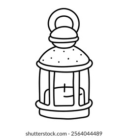 Lantern with a candle. Black and white illustration, hand drawn coloring.