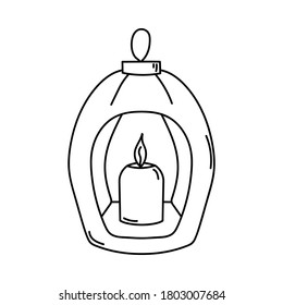 Lantern and candle. Black and white vector illustration in doodle style.