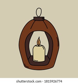 Lantern and candle. Colored vector illustration in doodle style.