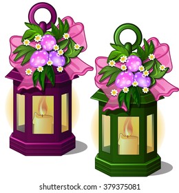 A lantern with a candle. Easter decorations. Vector illustration.