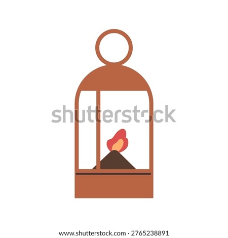 Lantern with candle inside. Cozy fire flame decoration in glass lamp. Candlelight burning, mobile decor. Oudoor camping and hiking nigth light. Flat vector illustration isolated on white background