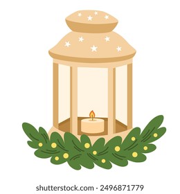 Linterna con luz de vela y ramas de abeto. Lámpara con velas, decoración navideña. Decoración navideña. Navidad, adorno de vacaciones de invierno, decoración, adorno. Ilustración vectorial plana aislada