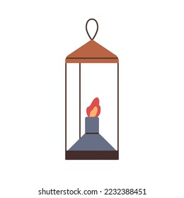 Lantern with candle light. Lamp with candlelight, holiday decor. Decoration with burning fire flame, burner with ring, loop for hanging. Flat vector illustration isolated on white background