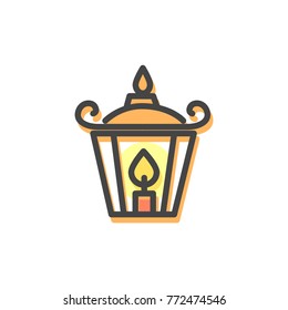 Lantern with candle made of wax, box with glass and glowing object inside, Christmas icon and decoration, vector illustration isolated on white