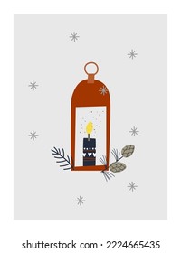 Linterna con una vela y copos de nieve. 
Ideal para invitaciones, saludos de vacaciones, decoración interior, ropa, merch. La tarjeta apoyará el ánimo festivo y dará sonrisas a parientes y amigos