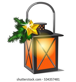 The lantern with candle and twigs of spruce and golden star. Sketch for greeting card, festive poster or party invitations.Attributes of Christmas and New year. Vector cartoon close-up illustration.