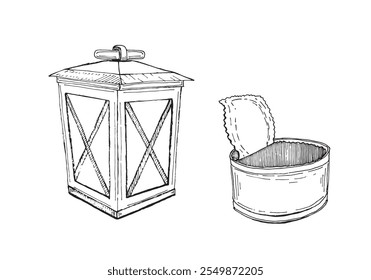 
Lantern and Canning on white background. 100% hand drawn vector image.