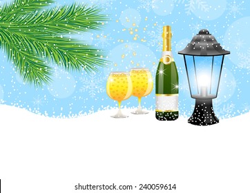 lantern and champagne with the branches of fir-tree on to snow,  vector  illustration