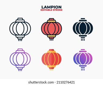 Lantern chinese icon set with different styles. Icons designed in filled, outline, flat, glyph and line colored. Editable stroke and pixel perfect. Can be used for web, mobile, ui and more.