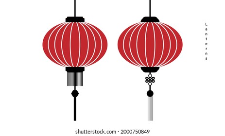 Lantern Chinese vector icon. Set of lamp red hanging isolated on white background. Design elements for Lantern festival and Chinese new year or other festival holidays. Art. Vector illustration.