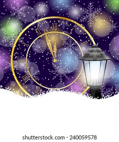lantern and clock on a christmas background,  vector  illustration