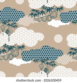 lantern cloud traditional geometric kimono seamless pattern vector sketch illustration line art japanese chinese oriental