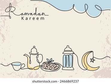 Linterna, luna creciente, tetera, taza y plato de ruptura rápida para iftar con escritura de ramadán kareem en una sola línea continua estilo de dibujo aislado sobre fondo blanco. Concepto de Kareem de Ramadán.