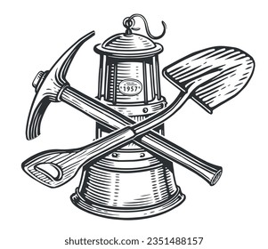 Lantern and crossed shovel, pickaxe. Mining equipment and tools. Sketch vintage vector illustration engraving style