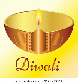 Lantern or Diya for Diwali with light brown candle. Indian festival of diwali calligraphy text with yellow background