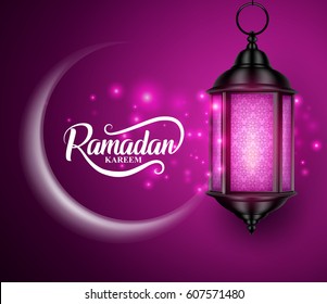 Lantern or fanous hanging with crescent moon and lights for ramadan kareem vector greetings design in purple background. Vector illustration.
