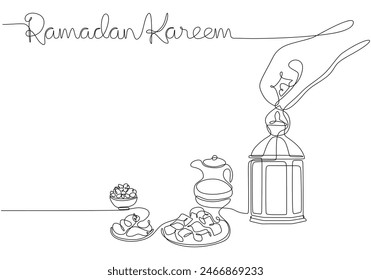 Lantern and fast breaking dish for iftar with ramadan kareem handwriting in one single continuous line drawing style isolated on white background. Ramadan kareem concept vector illustration.