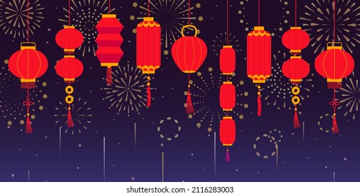 Lantern festival background with different red hanging lanterns and geometric fireworks in the night sky. Scene for festival, holiday and celebration banner. Vector illustration