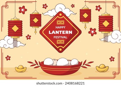 lantern festival celebration. Happy Yuanxiao festival. Translation - Happy lantern festival background. Vector illustration design for Poster, Banner, Flyer, Greeting, Card, Post, Cover. February 24.