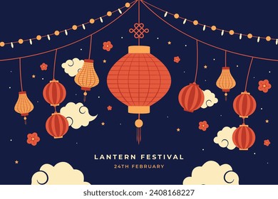 celebración del festival de las linternas. Feliz festival Yuanxiao. Traducción - Felices antecedentes del festival de las linternas. Diseño de ilustración vectorial para afiches, banner, volante, saludo, tarjeta, post, portada. 24 de febrero.