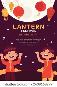 lantern festival celebration. Happy Yuanxiao festival. Translation - Happy lantern festival background. Vector illustration design for Poster, Banner, Flyer, Greeting, Card, Post, Cover. February 24.