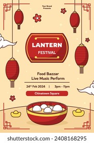 lantern festival celebration. Happy Yuanxiao festival. Translation - Happy lantern festival background. Vector illustration design for Poster, Banner, Flyer, Greeting, Card, Post, Cover. February 24.