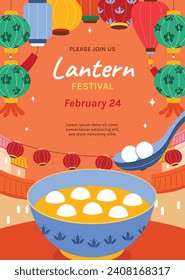 lantern festival celebration. Happy Yuanxiao festival. Translation - Happy lantern festival background. Vector illustration design for Poster, Banner, Flyer, Greeting, Card, Post, Cover. February 24.