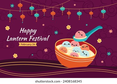 lantern festival celebration. Happy Yuanxiao festival. Translation - Happy lantern festival background. Vector illustration design for Poster, Banner, Flyer, Greeting, Card, Post, Cover. February 24.