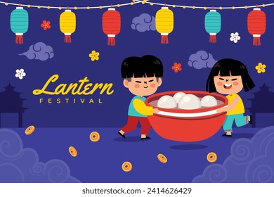 lantern festival celebration. Happy Yuanxiao festival. Translation - Happy lantern festival background. Vector illustration design for Poster, Banner, Flyer, Greeting, Card, Post, Cover. February 24.