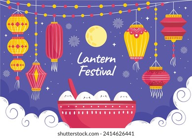 lantern festival celebration. Happy Yuanxiao festival. Translation - Happy lantern festival background. Vector illustration design for Poster, Banner, Flyer, Greeting, Card, Post, Cover. February 24.