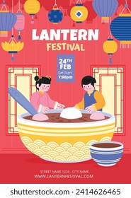 lantern festival celebration. Happy Yuanxiao festival. Translation - Happy lantern festival background. Vector illustration design for Poster, Banner, Flyer, Greeting, Card, Post, Cover. February 24.