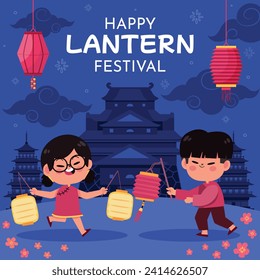 lantern festival celebration. Happy Yuanxiao festival. Translation - Happy lantern festival background. Vector illustration design for Poster, Banner, Flyer, Greeting, Card, Post, Cover. February 24.