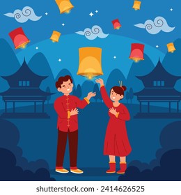 lantern festival celebration. Happy Yuanxiao festival. Translation - Happy lantern festival background. Vector illustration design for Poster, Banner, Flyer, Greeting, Card, Post, Cover. February 24.