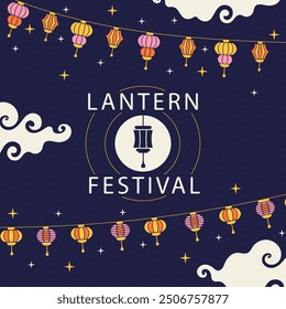 Lantern festival celebration, holiday banner, poster, background, flat illustration of moon, clouds, stars, lanterns