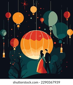 Lantern Festival Couples vector wedding  Illustration