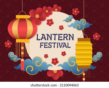Lantern Festival design with hanging lantern, cloud, flower illustration. Mid Autumn Festival. Can be used for greeting card, invitation, banner, poster, web, animation, postcard, print, etc