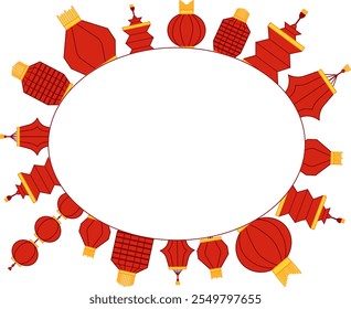 lantern festival poster, red chinese lanterns in oval frame. Vector graphic template for your text