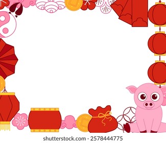 Lantern festival rectangle frame template with lanterns pig 2031 chinese elements. Vector illustration for banner, flyers, posters, greeting cards, invitation. 