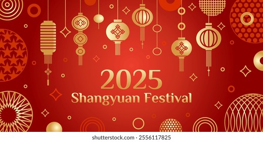 Lantern Festival vector card, banner illustration. Chinese golden lanterns on a red background. The celebration of Chinese New Year according to the lunar calendar in Asia. Shengyuan Festival concept.