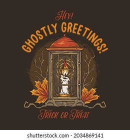Lantern with fire wax candle for halloween print. Night flame for happy halloween. Light for design dark halloween party