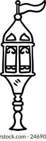 A lantern with a flag on top. The lantern is black and white