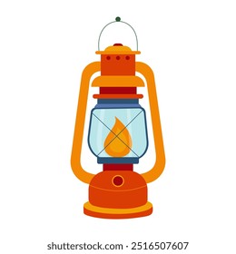 A lantern with a flame is lit. The flame is yellow and orange. The lantern is orange and has a blue glass