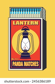 lantern, flashlight, lamp, chandelier, lighthouse, candelabra lighter belonging, lighter can, matchbox, matches vector illustration. Vintage, antique retro style packaging. Indian art old style design