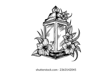 Lantern with flowers sketch. Hand drawn illustration converted to vector