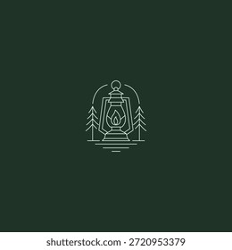 Logotipo da arte da linha da lanterna e da floresta simbolizando a orientação dentro da natureza.